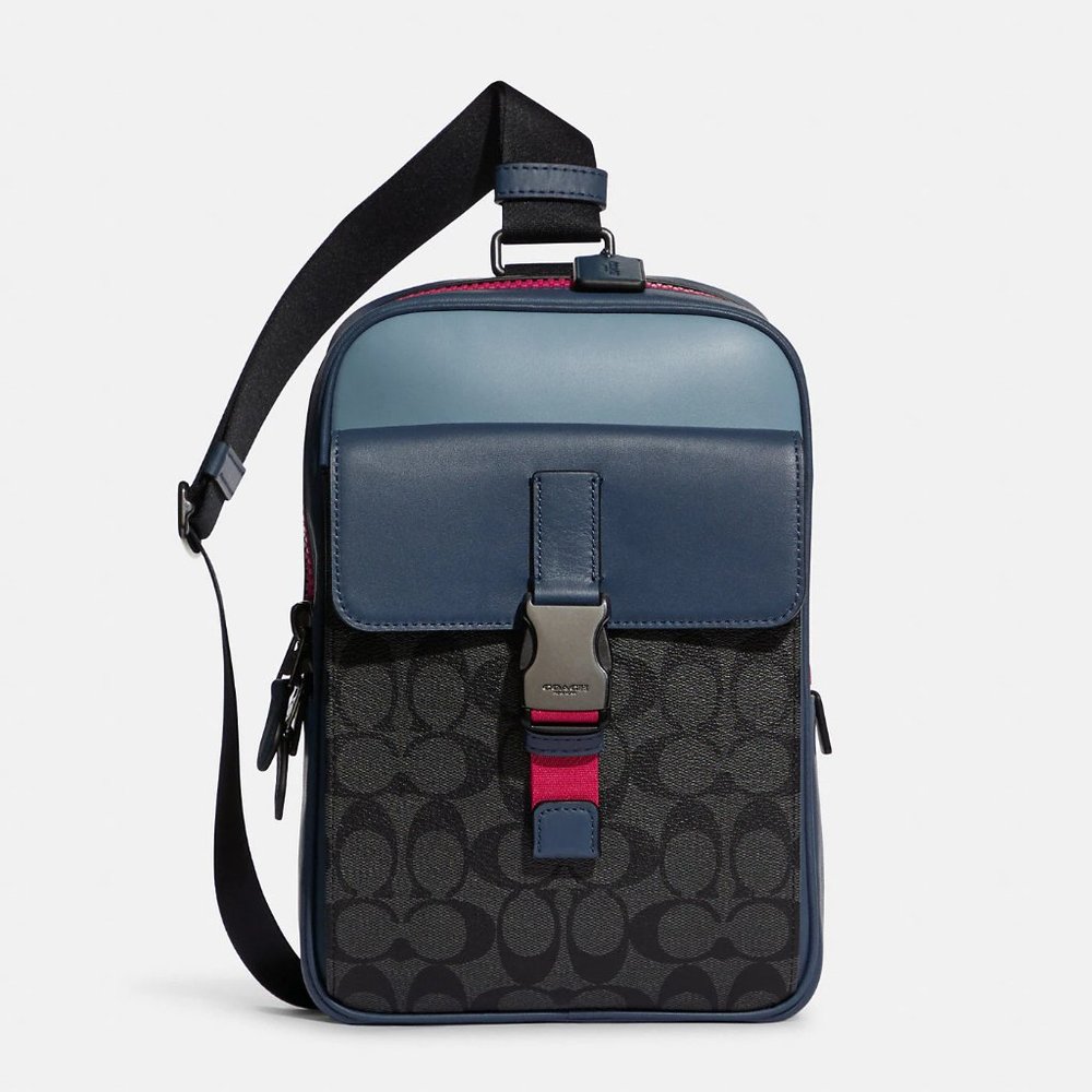 ❤️ Coach Track Pack In Colorblock Signature Canvas Blue Gunmetal 💙